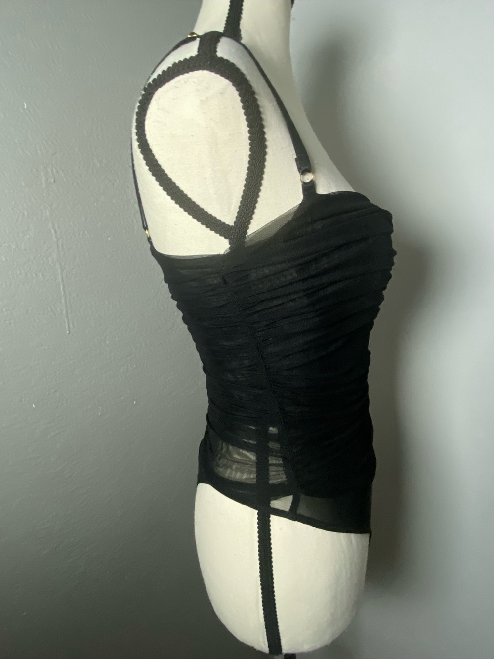 House of CB Black Ruched Mesh Corset Bodysuit Size Small - Picture 4 of 9